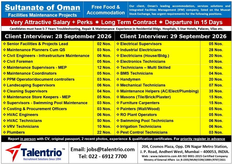 Oman Jobs 2026 – Facilities Maintenance Project | Engineers, Technicians, Electricians & Supervisors