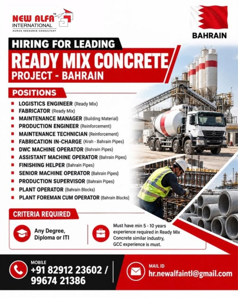 Bahrain : hiring for multiple positions for a Ready Mix Concrete Project 