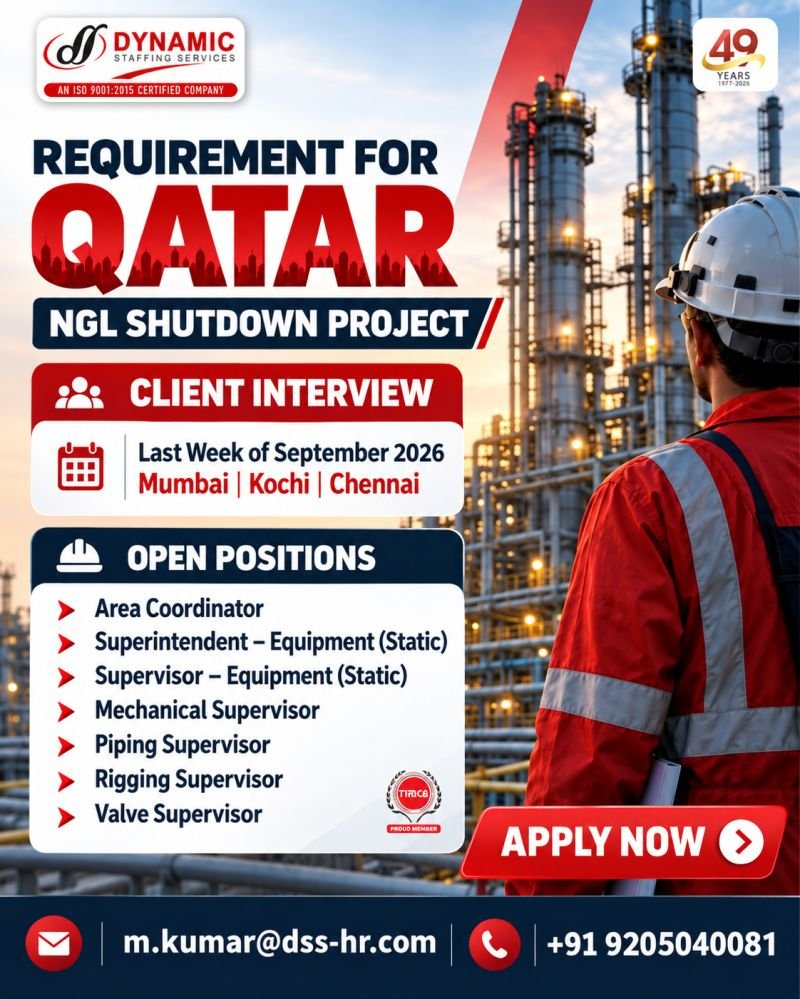 Qatar NGL Shutdown Project Jobs 2026 – Urgent Hiring for Supervisors & Coordinators