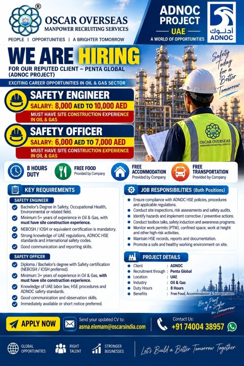 UAE : Hiring Safety Engineer & Officer 
