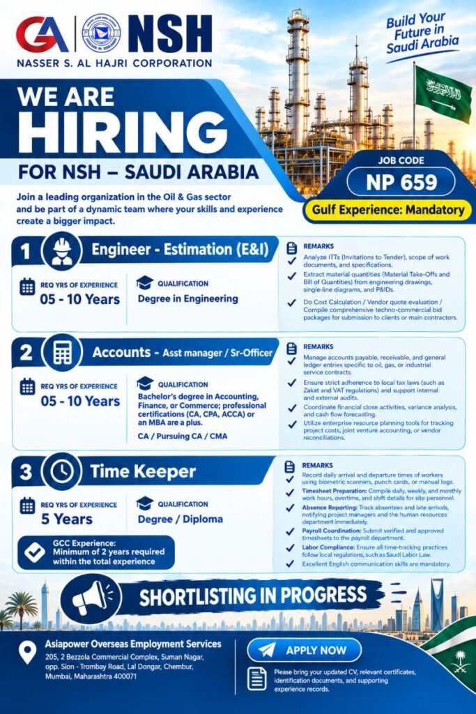 Saudi Arabia Jobs 2026 – NSH Hiring | Estimation Engineer, Accounts Assistant Manager & Time Keeper