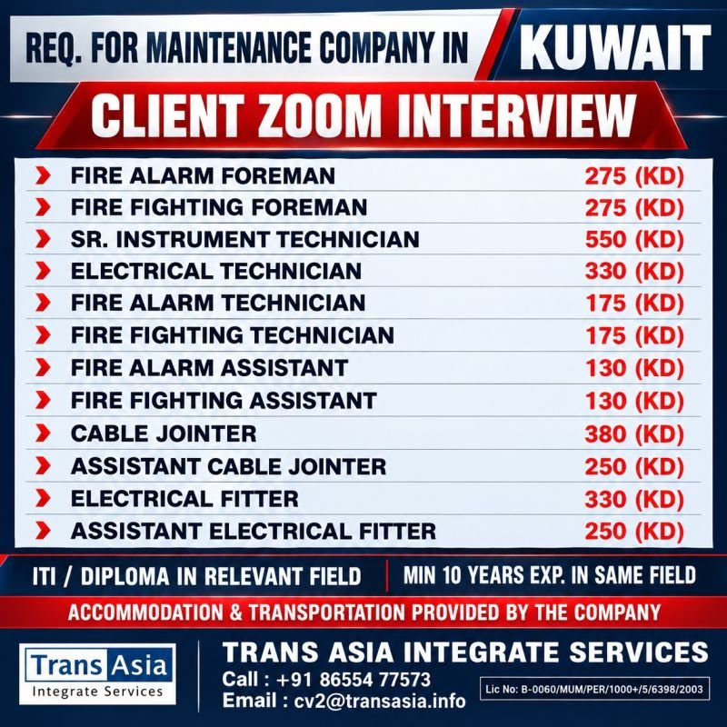 Hiring for Kuwait |  Zoom Interview for A leading maintenance company