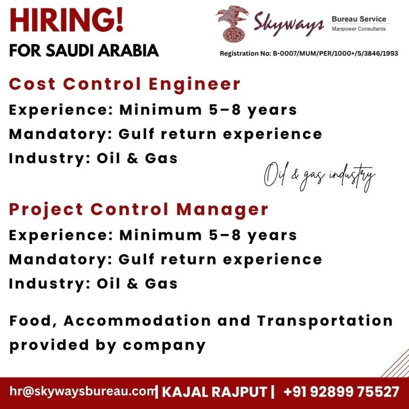 Saudi Arabia Jobs 2026 – Oil & Gas Recruitment | Cost Control Engineer & Project Control Manager Saudi Arabia Jobs 2026 – Oil & Gas Recruitment | Cost Control Engineer & Project Control Manager