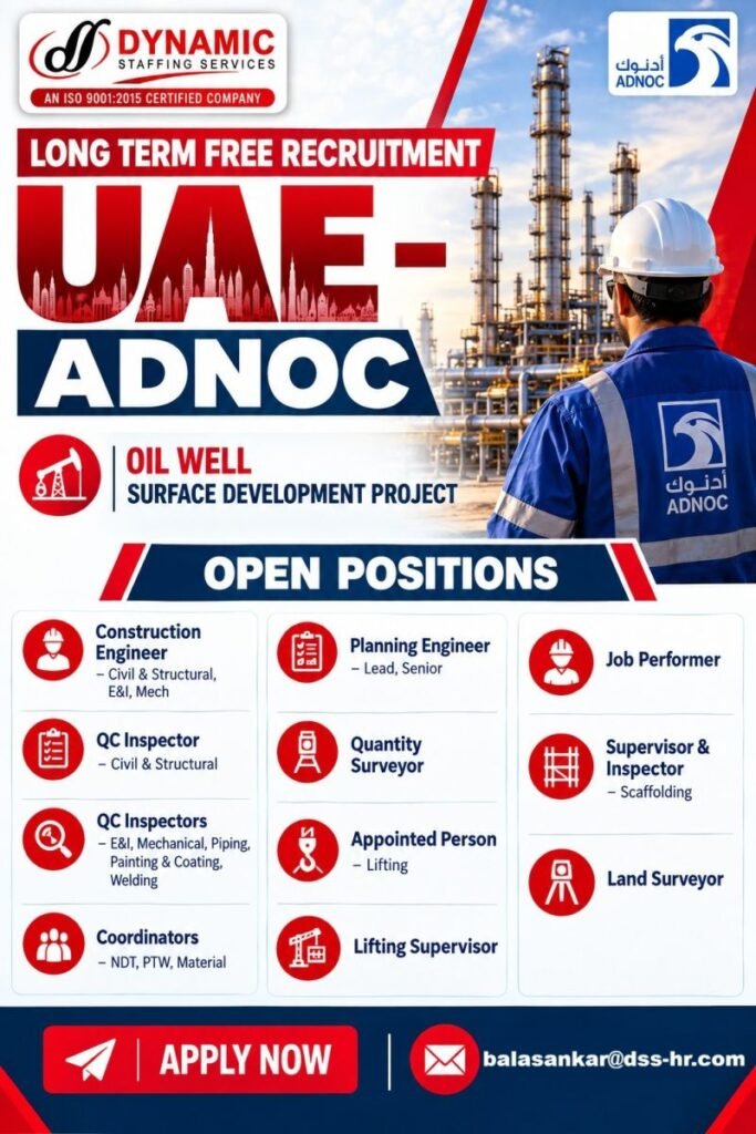 UAE Jobs 2026 – Long-Term Free Recruitment for Oil Well Surface Development Project