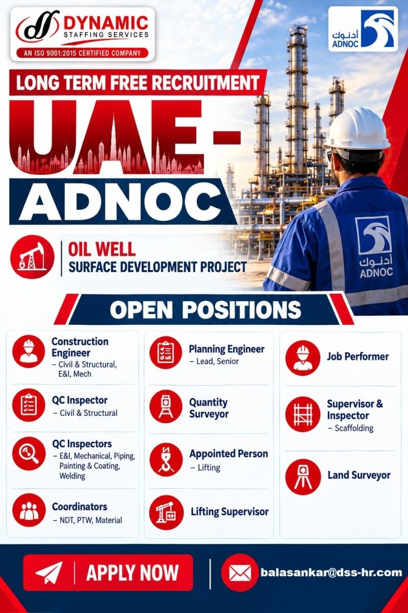 UAE Jobs 2026 – Long-Term Free Recruitment for Oil Well Surface Development Project