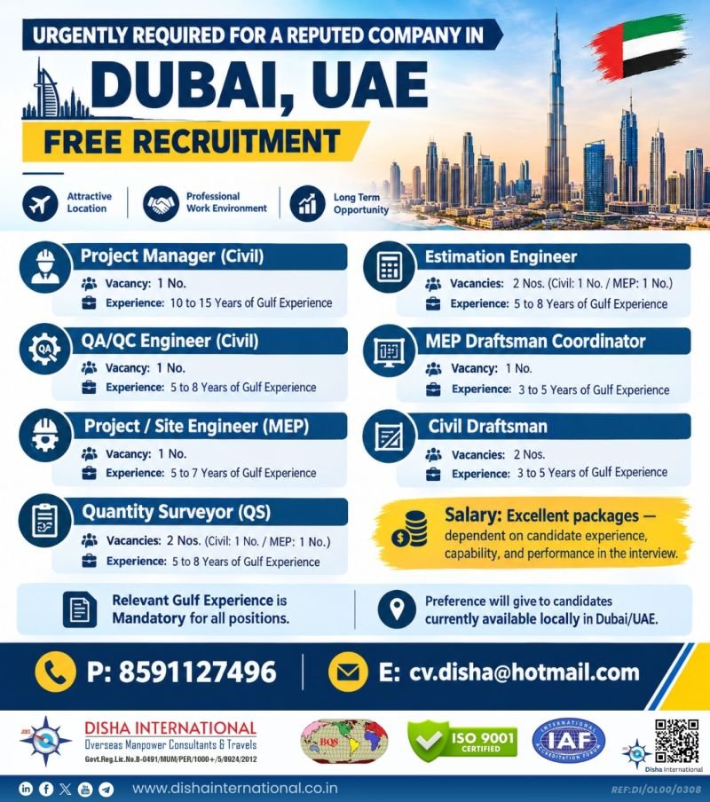 Dubai Jobs 2026 – Free Recruitment for Civil & MEP Engineers, QS & Draftsman Dubai Jobs 2026 – Free Recruitment for Civil & MEP Engineers, QS & Draftsman