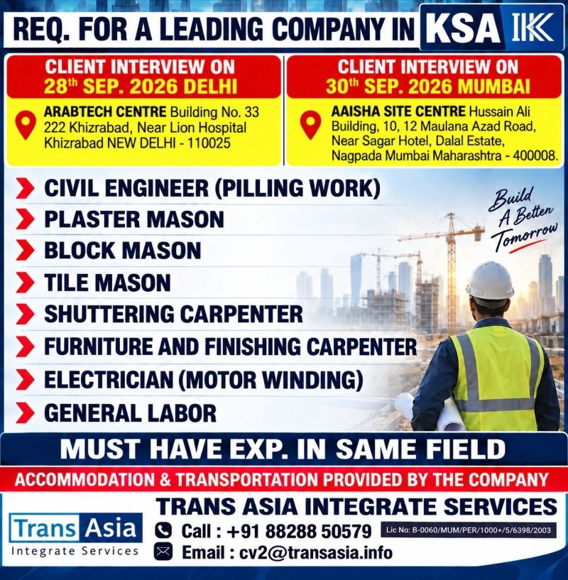 Recruitment for A leading company in Saudi Arabia 