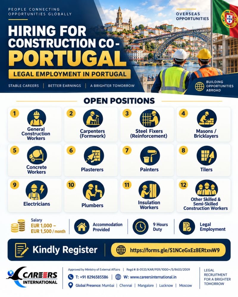 Recruiting Skilled & Semi-Skilled Construction Workers for a construction company in Portugal.