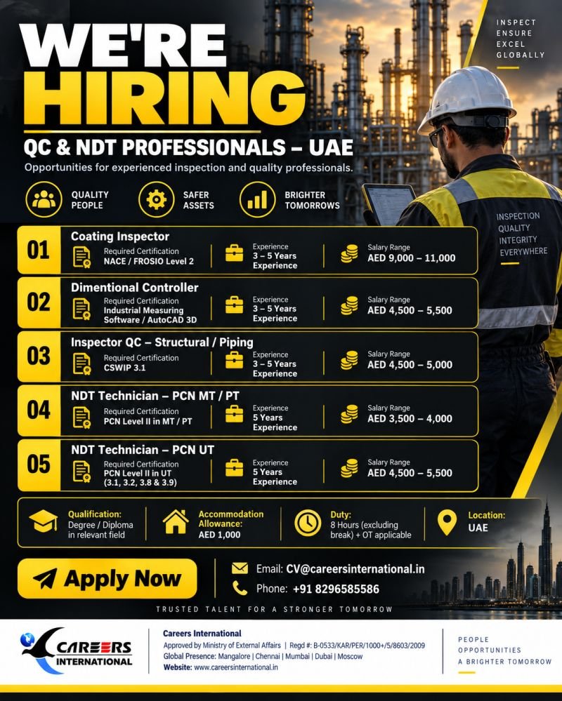 Hiring Quality Control, Inspection & NDT professionals for a leading company in the UAE.