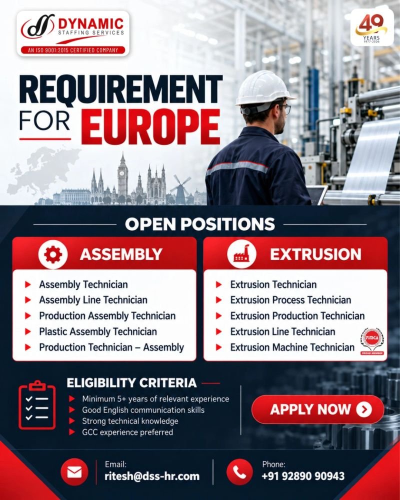Europe Jobs 2026 – Recruitment for Assembly & Extrusion Technicians