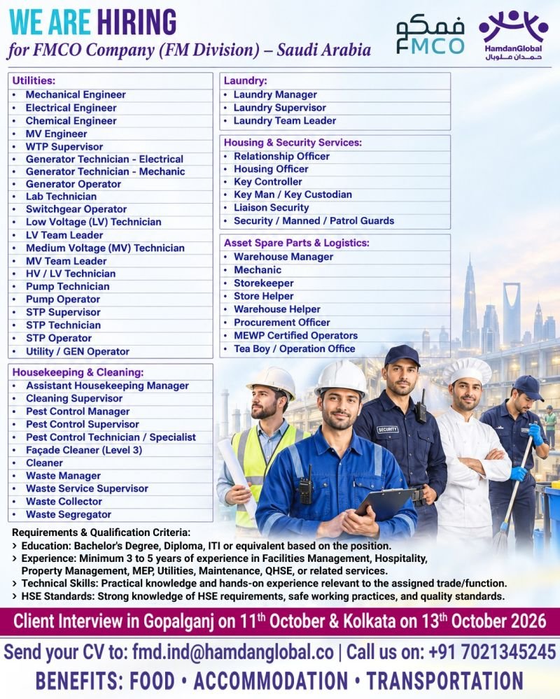 hiring for FMCO Company (FM Division) in Saudi Arabia