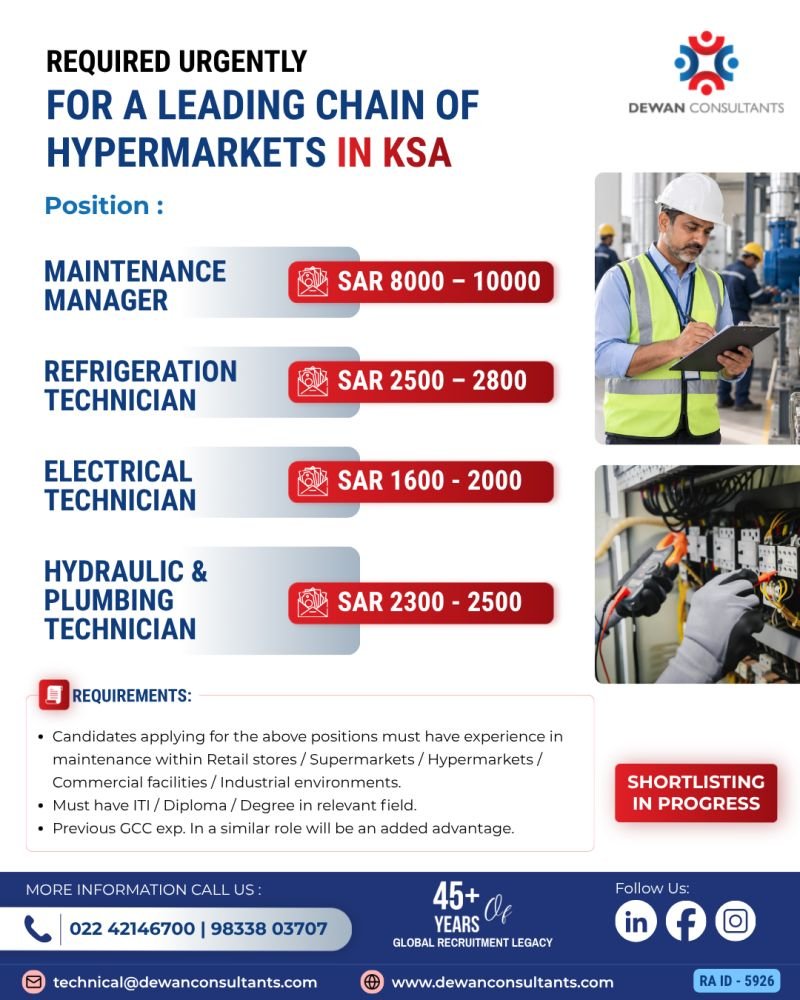 Urgent hiring opportunity in Saudi Arabia with a leading chain of hypermarkets. Urgent hiring opportunity in Saudi Arabia with a leading chain of hypermarkets.