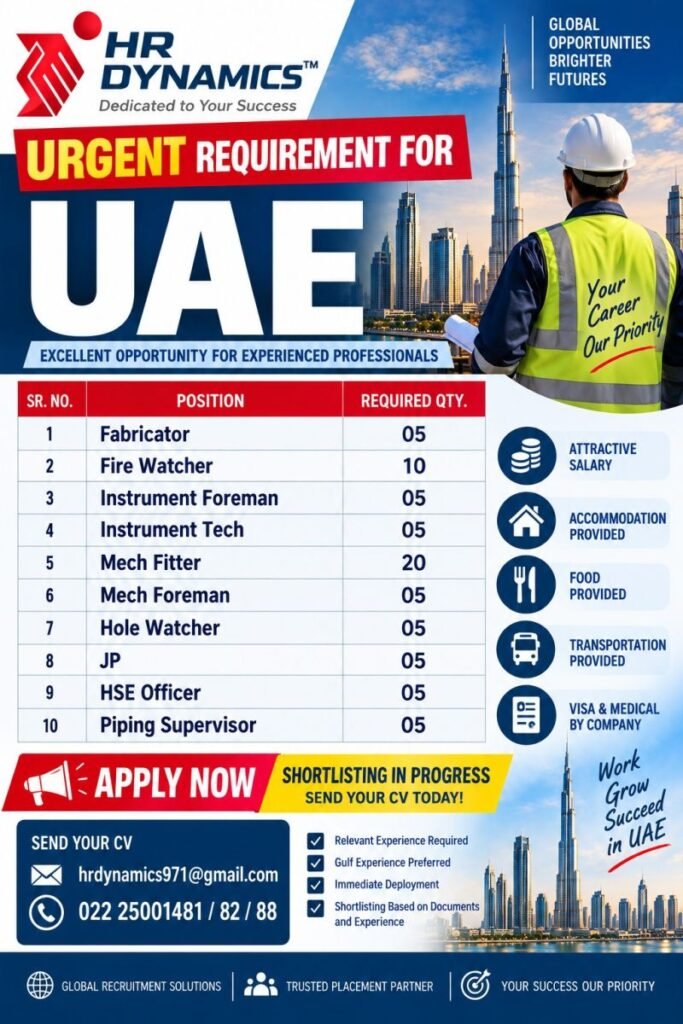 UAE Jobs 2026 – Urgent Recruitment for Fabricators, Fitters, Supervisors & HSE Professionals