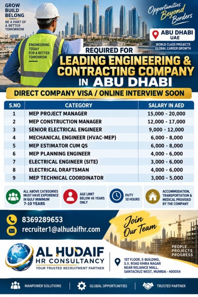 UAE Jobs 2026 – Engineering & Contracting Company Hiring | MEP & Electrical Vacancies