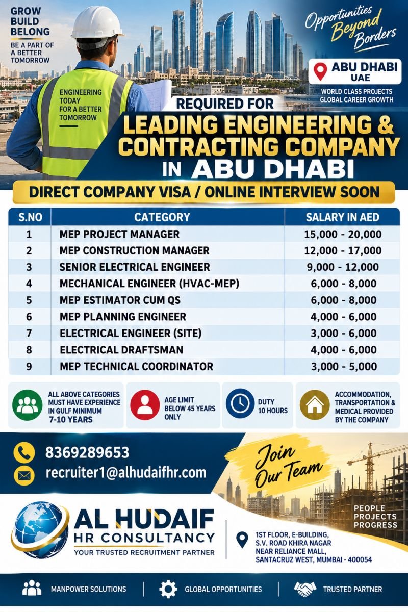 UAE Jobs 2026 – Engineering & Contracting Company Hiring | MEP & Electrical Vacancies