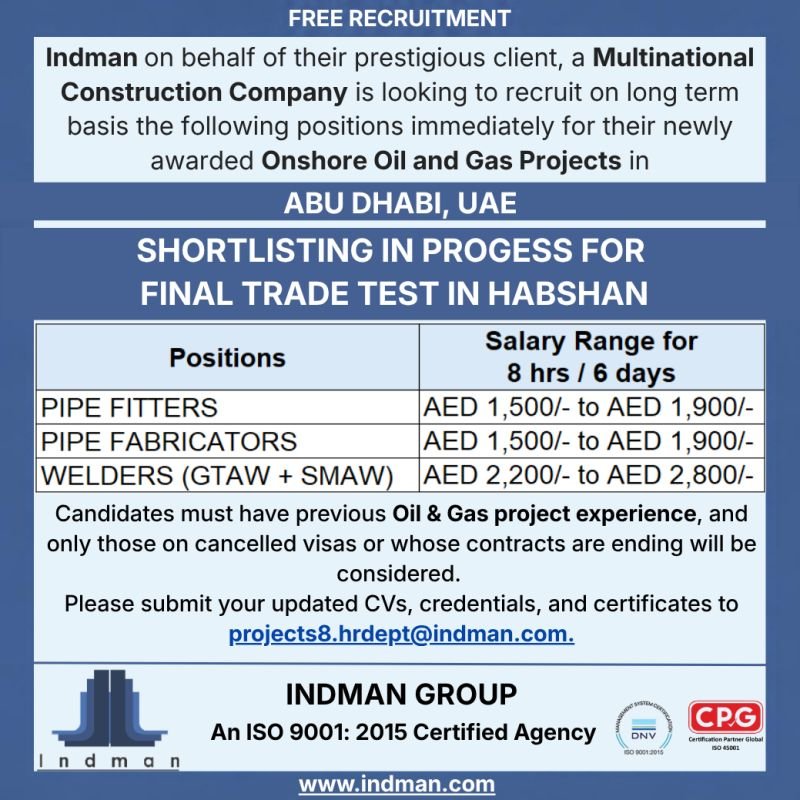 UAE : Hiring For Onshore Oil and Gas Projects