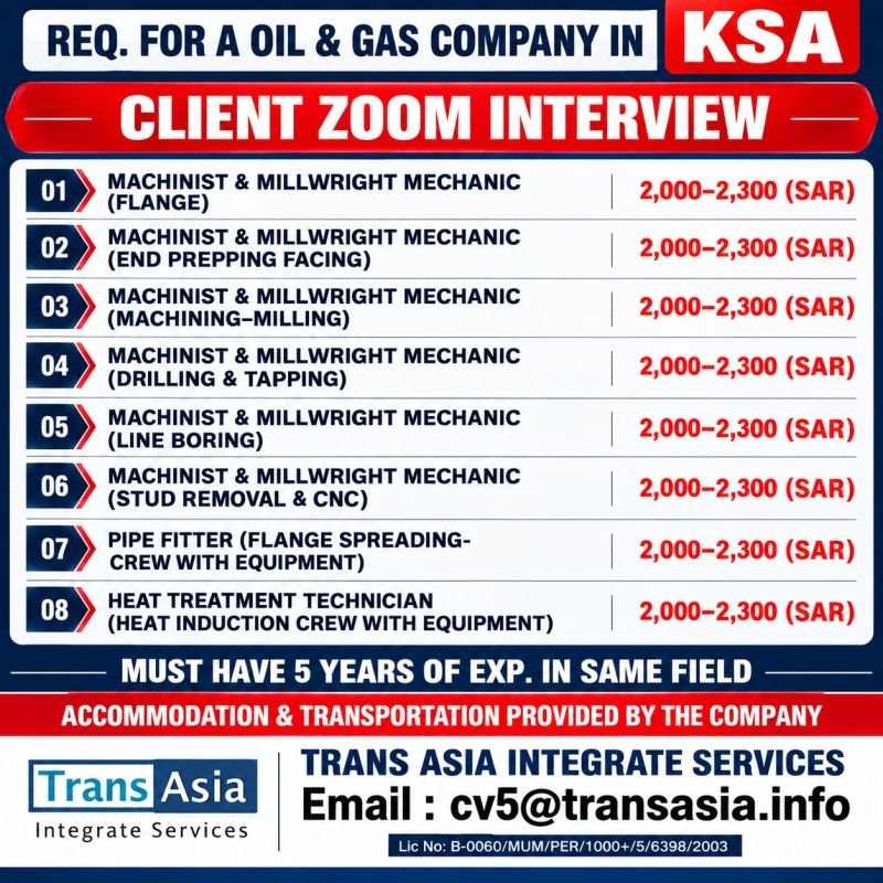 Hiring for a leading Oil & Gas Company in Saudi Arabia