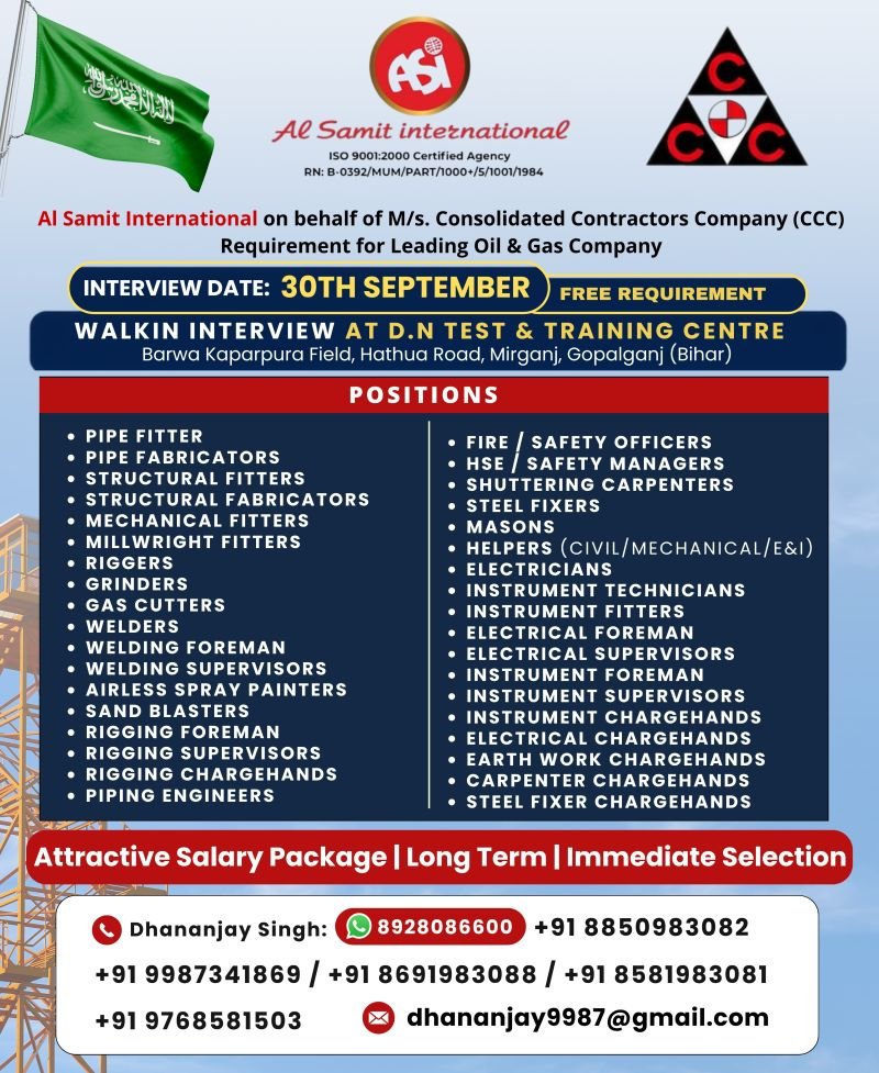 Saudi Arabia : Hiring Urgent For M/s. Consolidated Contractors Company (CCC)