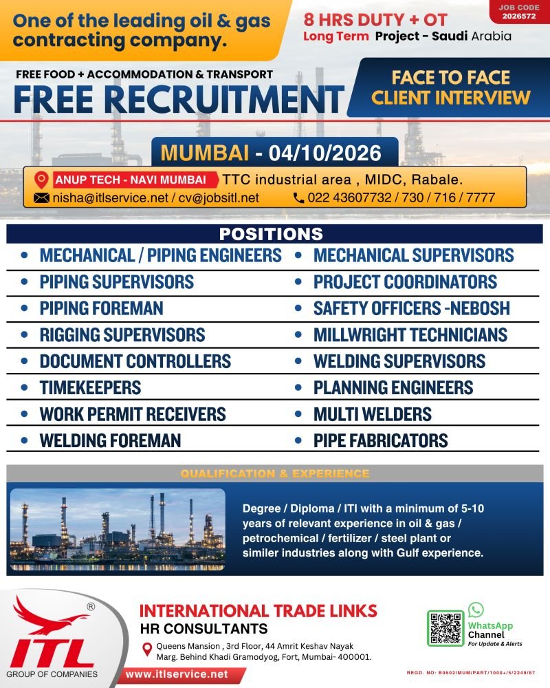Saudi Arabia - Free Recruitment for a long-term oil & gas project