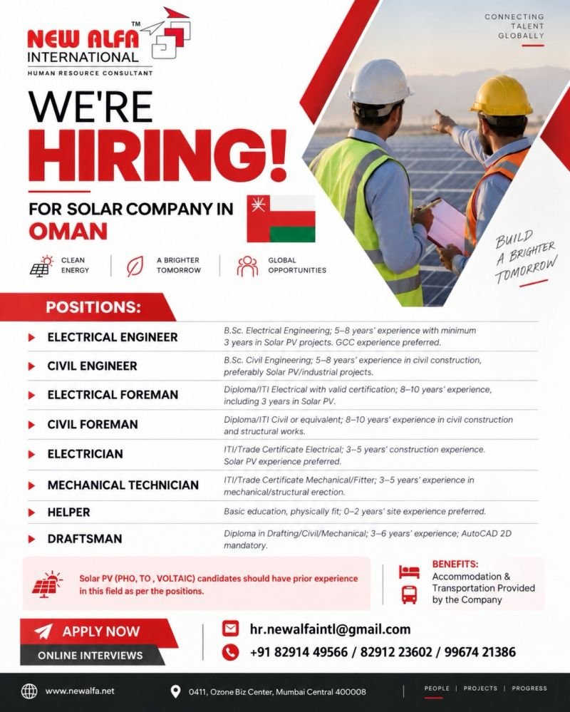 Hiring Urgently For solar company in Oman