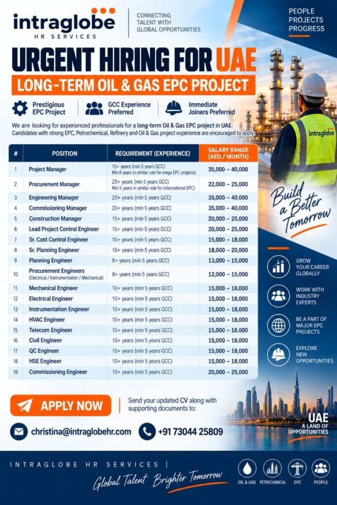 UAE Oil & Gas Jobs 2026 – Urgent Hiring for Long-Term EPC Project