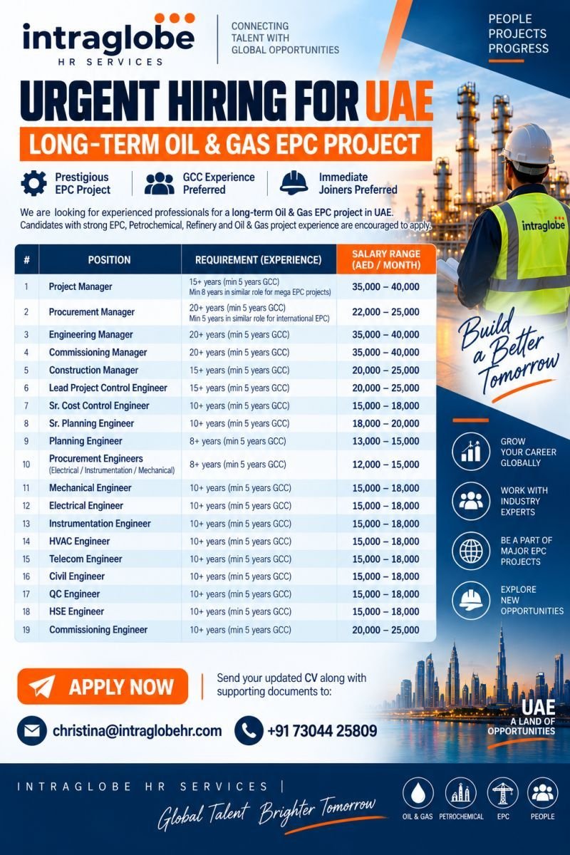 UAE Oil & Gas Jobs 2026 – Urgent Hiring for Long-Term EPC Project
