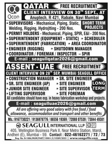 Qatar & UAE Jobs 2026 – Free Recruitment for Supervisors, Engineers, Foremen & Fabrication Professionals
