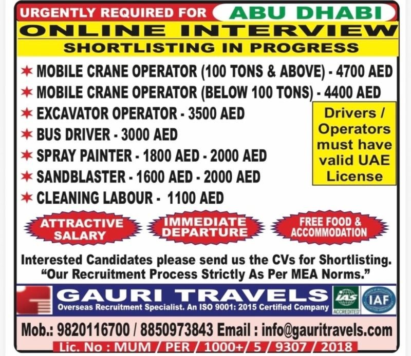 Abu Dhabi Jobs 2026 – Online Interview for Crane Operators, Drivers, Painters & Labour