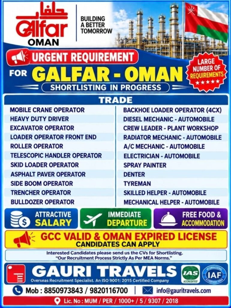 Oman Jobs 2026 – Urgent Recruitment for Gulfar Oman 