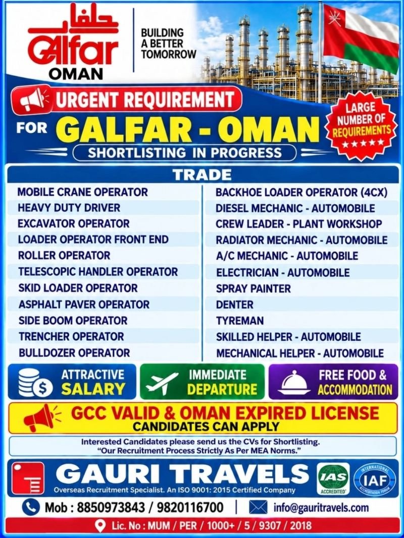 Oman Jobs 2026 – Urgent Recruitment for Gulfar Oman 