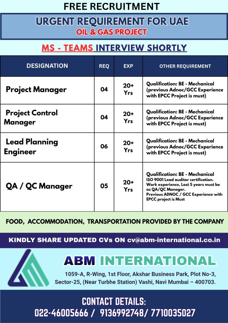 hiring professionals for an upcoming UAE Oil & Gas Project.