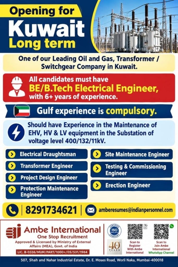 Kuwait Jobs – Long-Term Opening for a Leading Oil & Gas, Transformer / Switchgear Company 