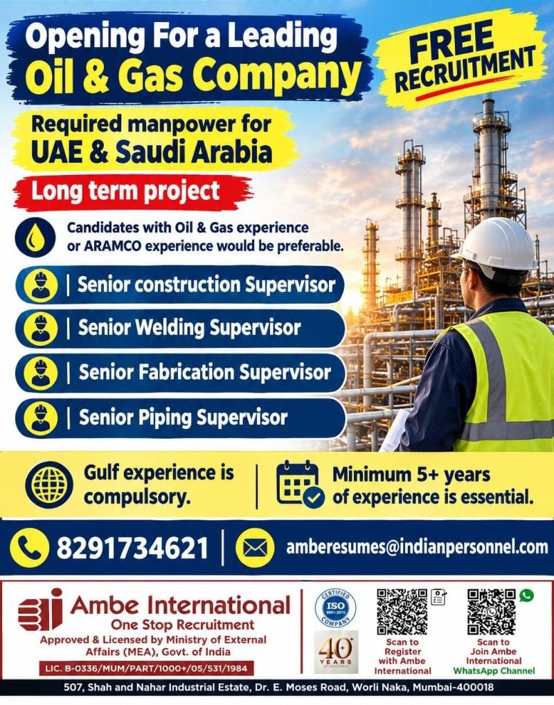 UAE & Saudi Arabia : Job Opening for a Leading Oil & Gas Company