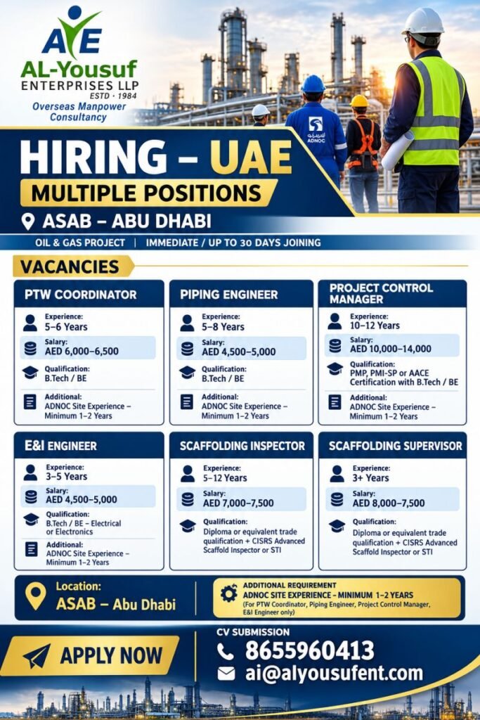 UAE Jobs : Oil & Gas Project | Immediate Hiring