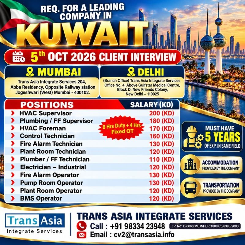 Kuwait Jobs 2026 – Leading Company Hiring HVAC, Electrical, Fire Alarm and MEP Staff