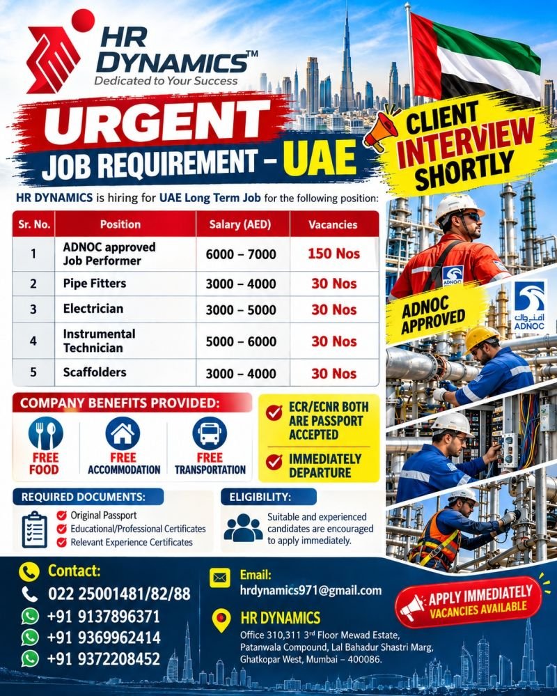 UAE Jobs 2026 – Hiring for long-term - Salary Upto AED 6,000–7,000 (AED)