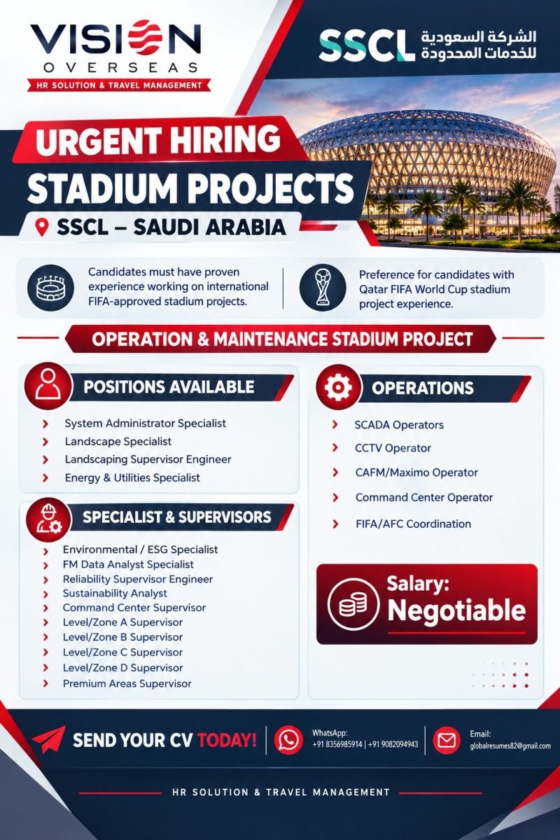 Saudi Arabia Jobs 2026 – SSCL Stadium Project Hiring 