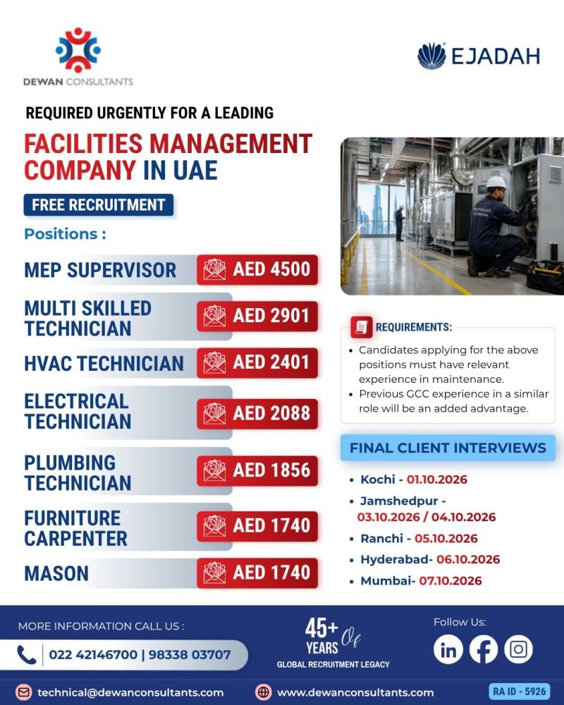 UAE : Urgent recruitment for a leading Facilities Management Company UAE : Urgent recruitment for a leading Facilities Management Company