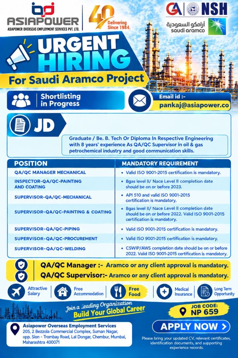 Saudi Aramco Jobs 2026 – Manager, Supervisors and Inspectors Recruitment