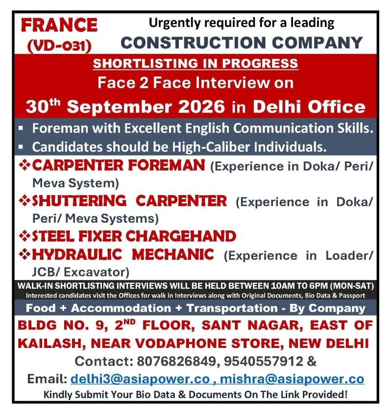 France Jobs 2026 – Urgent Construction Company Recruitment