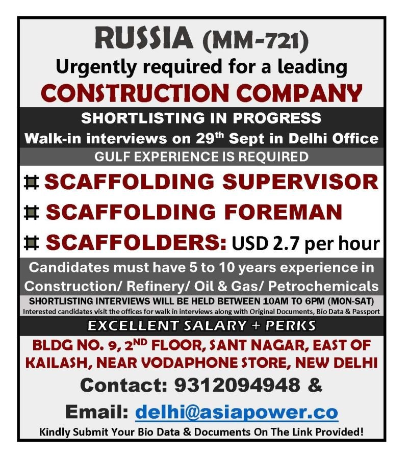 Russia Jobs 2026 – Construction Company Hiring 