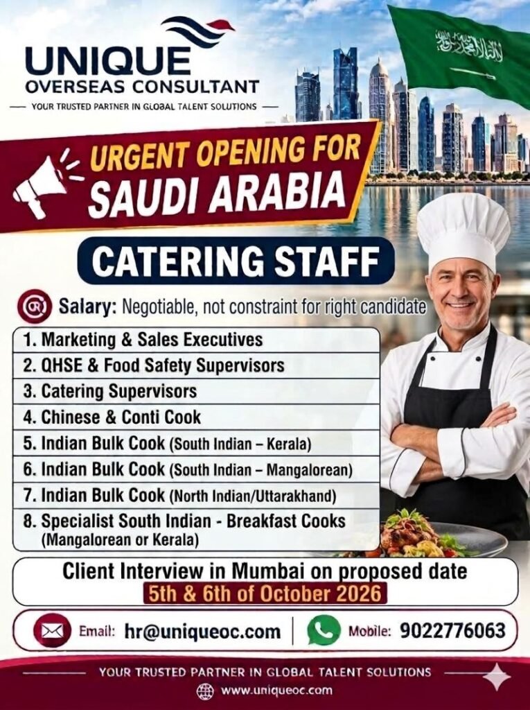 Saudi Arabia Catering Staff Jobs 2026 – Chefs, Catering Supervisors, Food Safety Supervisors and Sales Executives Saudi Arabia Catering Staff Jobs 2026 – Chefs, Catering Supervisors, Food Safety Supervisors and Sales Executives