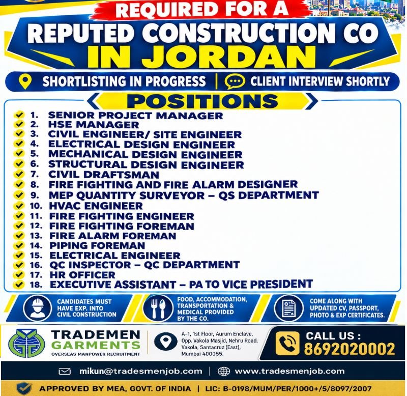 Jordan Construction Jobs 2026 – 18 Vacancies for Engineers, Project Managers, Designers & Supervisors