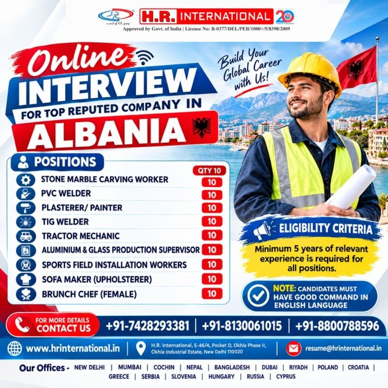Hiring for a reputed company in Albania 