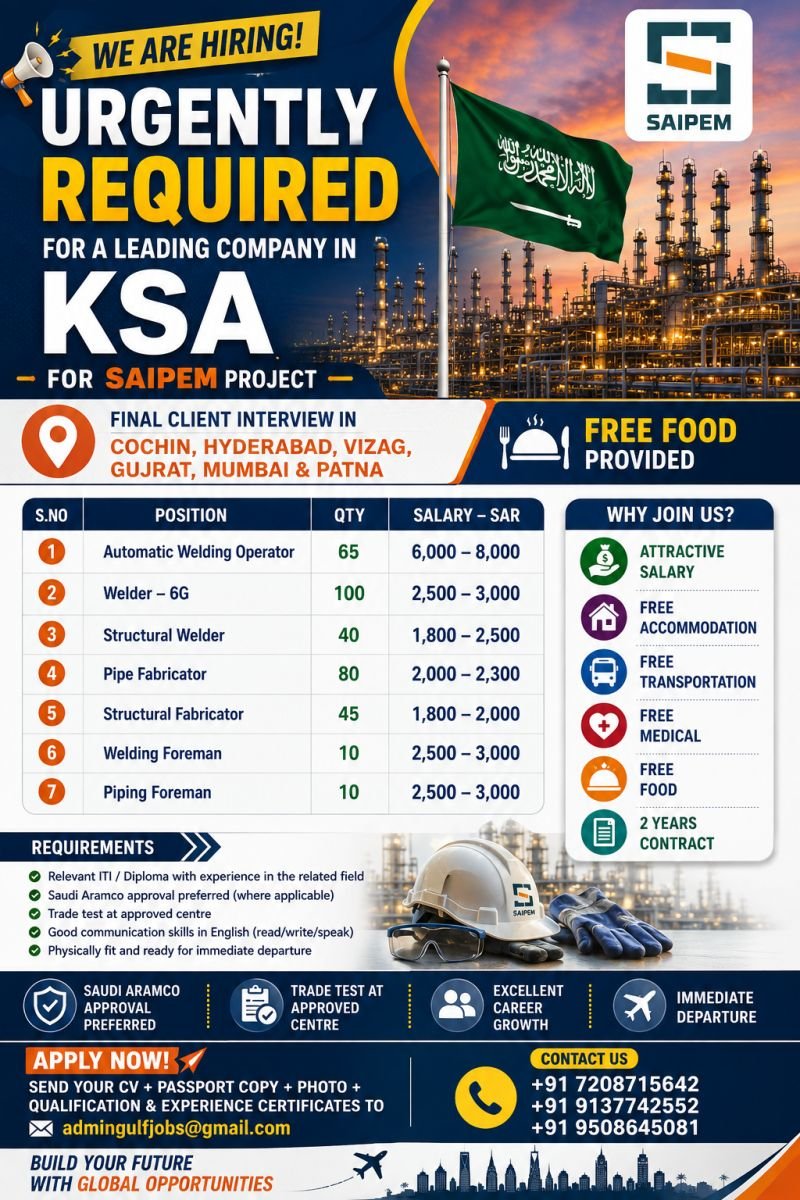 hiring for a Saipem Project in Saudi Arabia (KSA) 