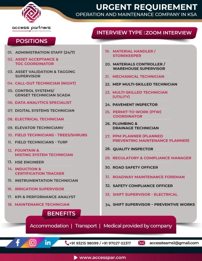 Saudi Arabia Jobs 2026 – 34 Operations and Maintenance Positions