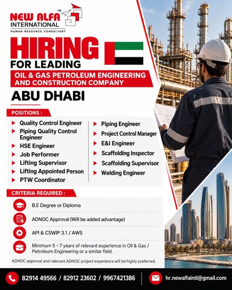 UAE : hiring for a leading Oil & Gas Petroleum Engineering & Construction Company in Abu Dhabi