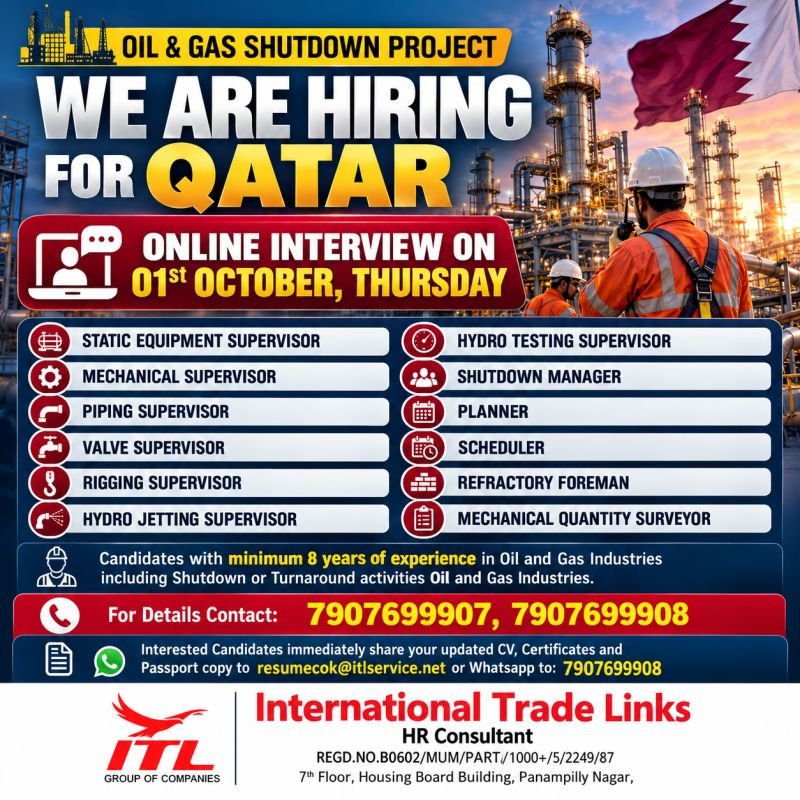 Hiring experienced Oil & Gas professionals for an upcoming Shutdown Project in Qatar Hiring experienced Oil & Gas professionals for an upcoming Shutdown Project in Qatar
