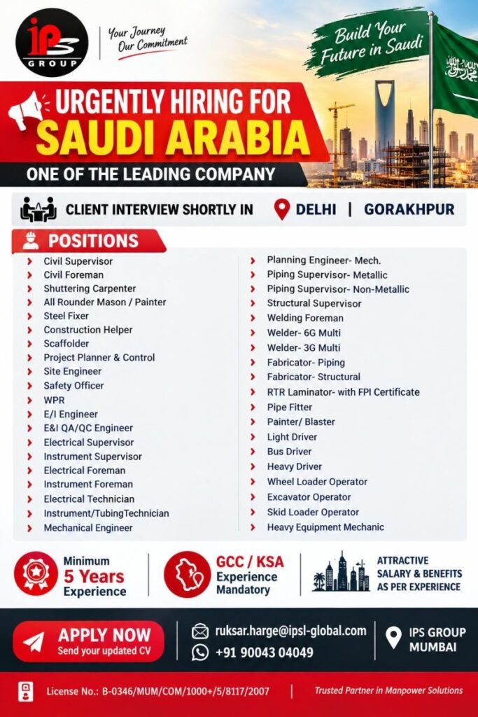 Saudi Arabia Jobs 2026 – Urgent Recruitment for Engineers, Supervisors, Welders and Technicians Saudi Arabia Jobs 2026 – Urgent Recruitment for Engineers, Supervisors, Welders and Technicians