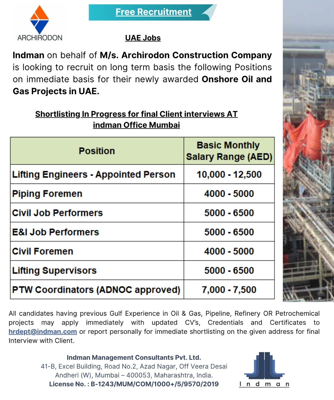 UAE : Free Recruitment For M/s. Archirodon Construction Company